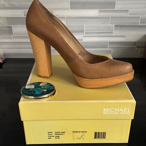 Michael Kors Brown Leather Platform Pump with Wood Block Heel